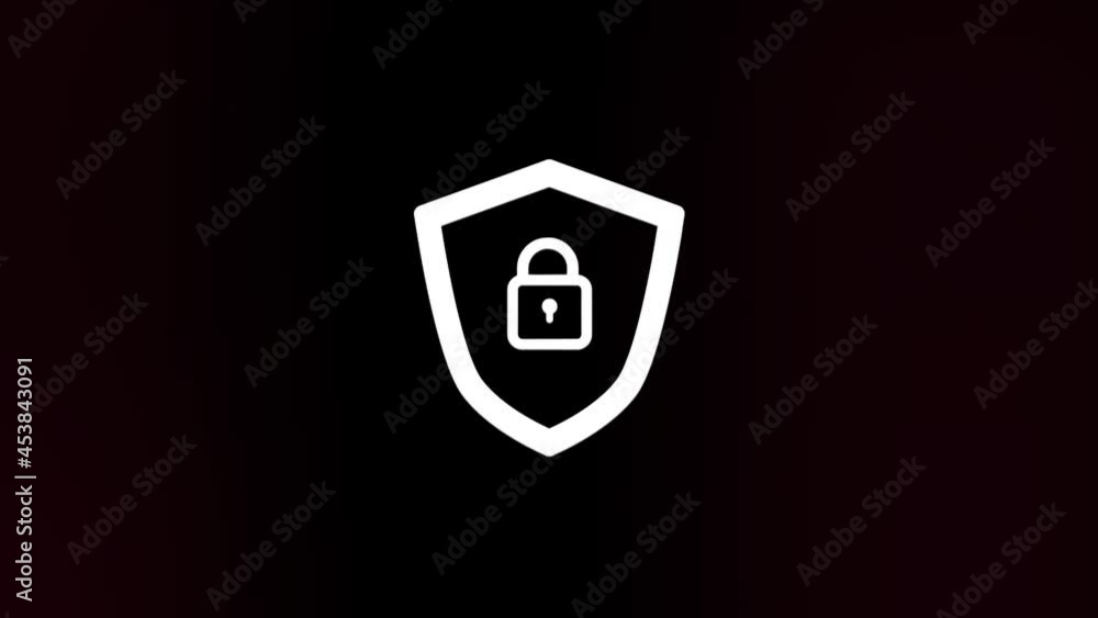 Poster Shield security with lock icon with glitch art effect. Retro futurism 80s 90s dynamic wave style. Video signal damage with tv noise and old screen interference. Loop 4k
