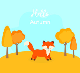  This is a card with a cute fox. Vector autumn illustration.