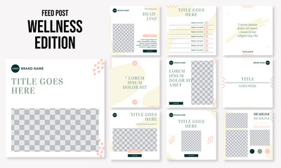 Set of editable social media instagram post wellness, therapy, meditation, holistic with blue design vector template ai and eps10