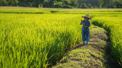Asian girl farmer in a hat holding a hoe to inspect a beautiful field during warm light organic farming concept concept of living with nature rural area of Nan Province northern thailand

