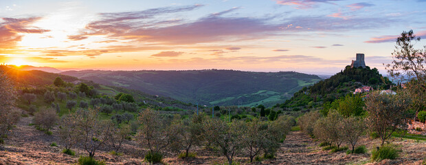 Rocca d'Orcia, a medieval village and fortress in Tuscany, Italy. Unique view at dusk, the stone...