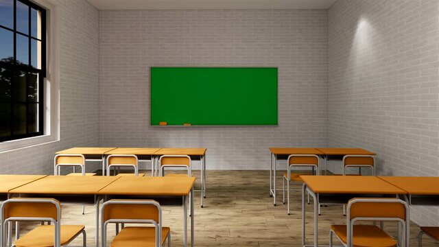 New normal classroom and spacing of tables and chairs to prevent the spread of coronavirus (COVID-19). IEmpty classroom for teach and learn. 3d rendering Interior.