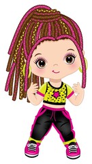 Cute Little Girl with Braided Hair Dancing Hip Hop. Vector Hip Hop Girl 
