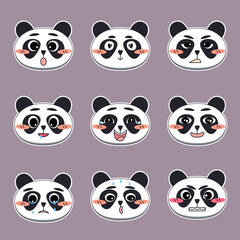 Set of cute panda faces with different facial expressions. Design for sticker, emoji, emoticon