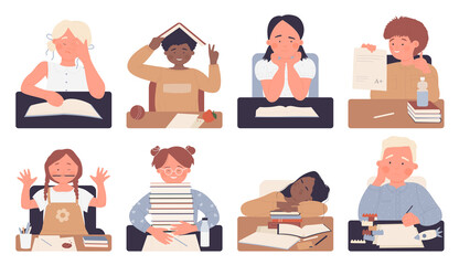 Kids pupils of primary school study vector illustration set isolated. Cartoon cute boy and girl child education characters sitting with books, learning, thinking tired of studying