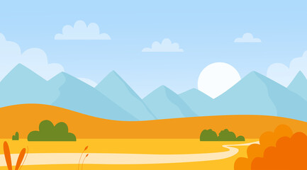 Mountain autumn nature, simple landscape vector illustration. Cartoon natural land in orange blue colors, trees on hills, mountains in distance and clouds in sky, minimal fall scenery background
