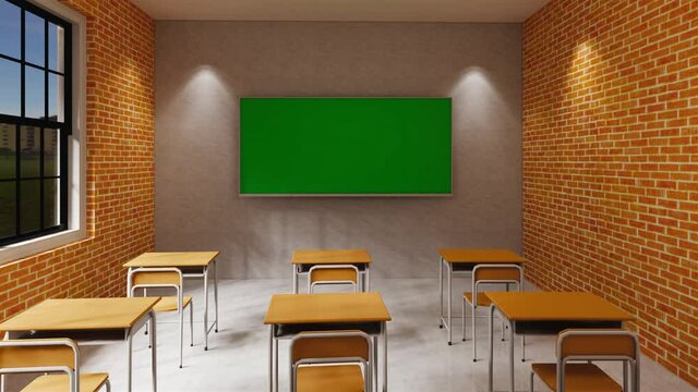 New normal classroom and spacing of tables and chairs to prevent the spread of coronavirus (COVID-19). IEmpty classroom for teach and learn. 3d rendering Interior.