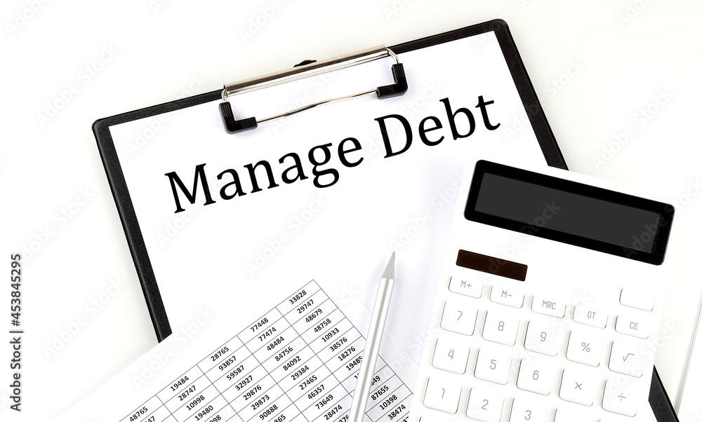 Poster manage debt text on folder with chart and calculator on the white background