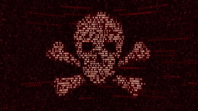 Computer server got attacked with malware by hacker, binary death skull symbol alert screen in network data security system, futuristic digital server cybersecurity threats concept
