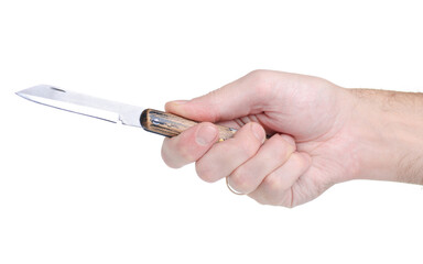 Small wooden knife in hand on white background isolation