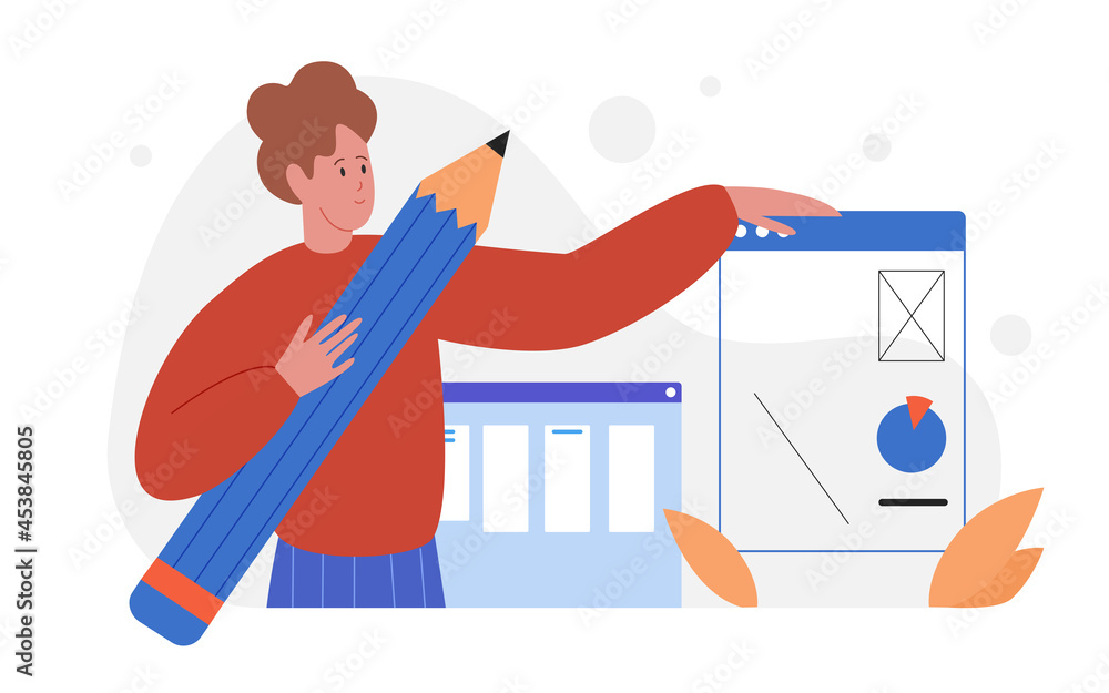 Poster people working on app web development vector illustration. cartoon man developer character holding b