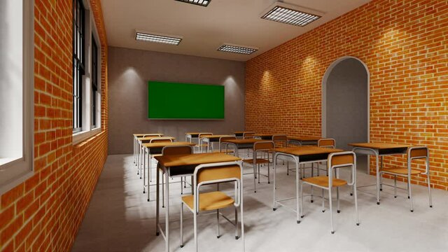 New normal classroom and spacing of tables and chairs to prevent the spread of coronavirus (COVID-19). IEmpty classroom for teach and learn. 3d rendering Interior.