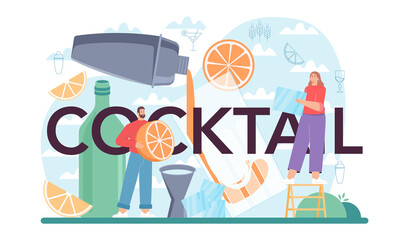 Cocktail typographic header. Barman preparing alcoholic drinks
