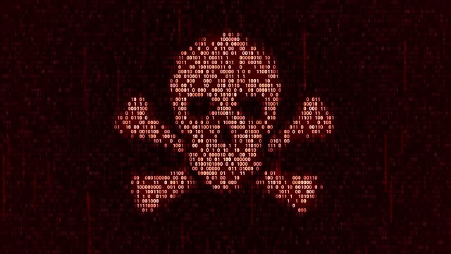 Computer server got attacked with malware by hacker, binary death skull symbol alert screen in network data security system, futuristic digital server cybersecurity threats concept