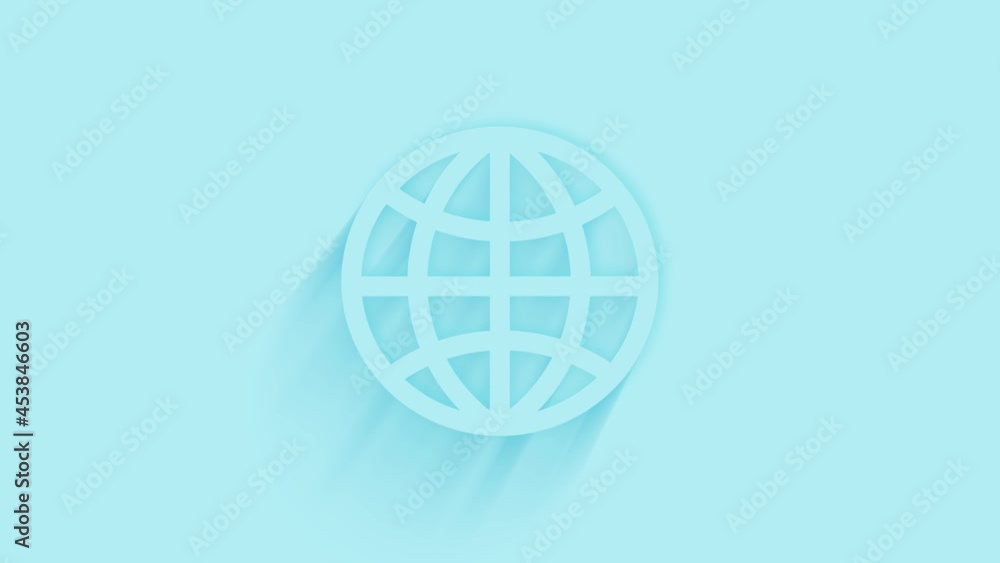 Poster Animated globe icon with shadow on blue background. Neumorphism minimal style. Transparent background. 4K video motion graphic animation.