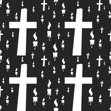 White crosses and candles on black background Seamless pattern Different size cross, candle Black and white vector illustration