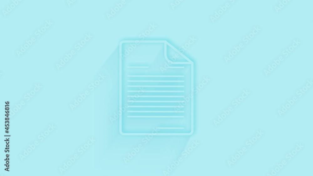 Poster Animated document icon with shadow on blue background. Neumorphism minimal style. Transparent background. 4K video motion graphic animation.
