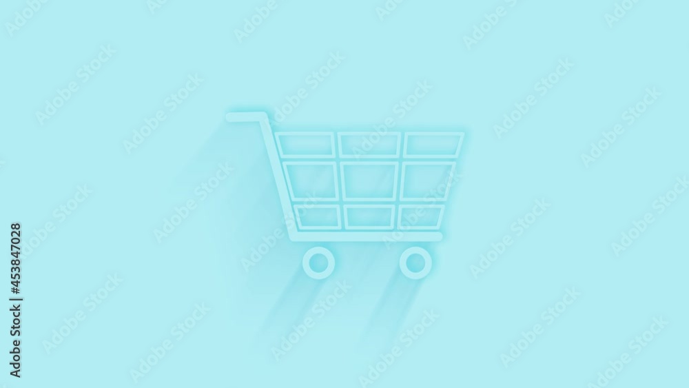 Aufkleber Animated shopping cart icon with shadow on blue background. Neumorphism minimal style. Transparent background. 4K video motion graphic animation.