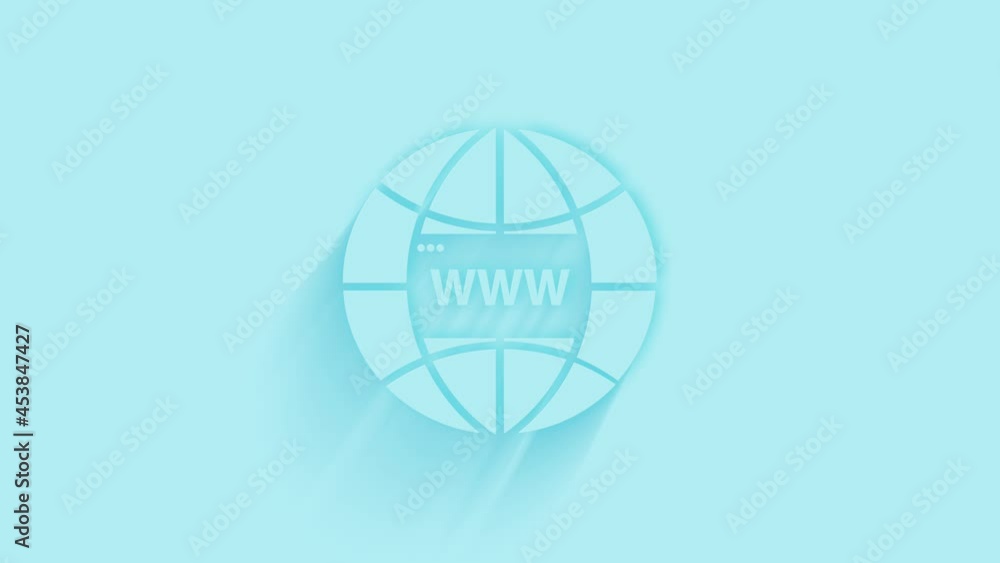 Poster Animated world wide web concept globe icon with shadow on blue background. Neumorphism minimal style. Transparent background. 4K video motion graphic animation.