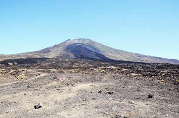 TENERIFE, SPAIN: Scenic landscape view of the Teide volcano road with the forest around 
