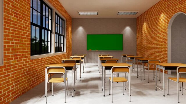 New normal classroom and spacing of tables and chairs to prevent the spread of coronavirus (COVID-19). IEmpty classroom for teach and learn. 3d rendering Interior.