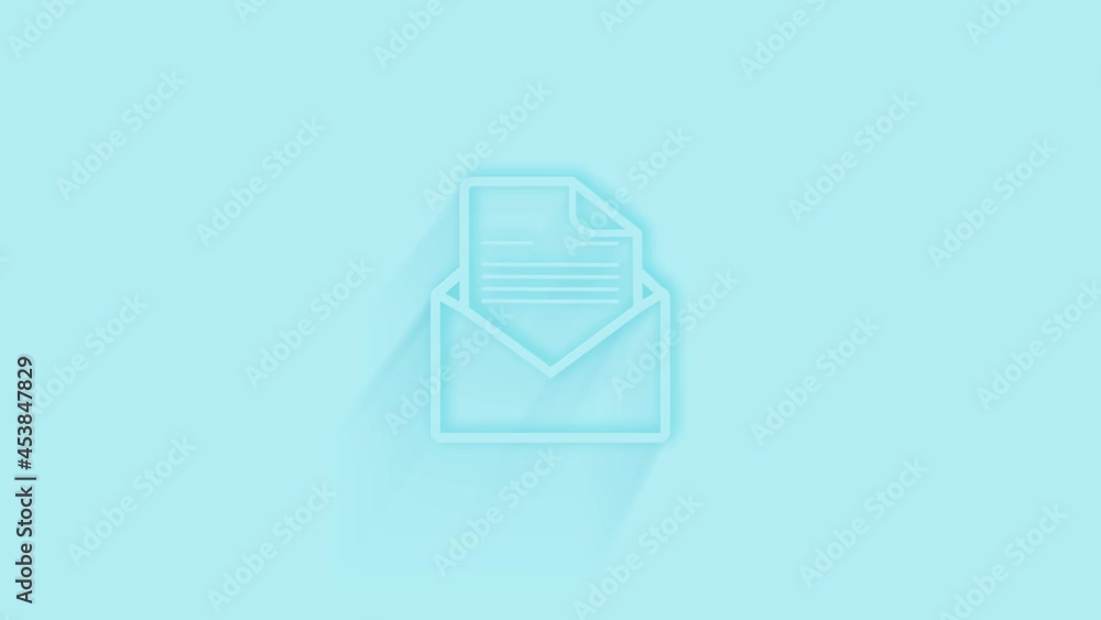 Poster Animated open envelope with letter icon with shadow on blue background. Neumorphism minimal style. Transparent background. 4K video motion graphic animation.