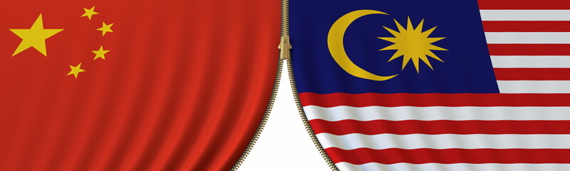China and Malaysia cooperation or conflict, flags and closing or opening zipper between them. Conceptual 3D rendering