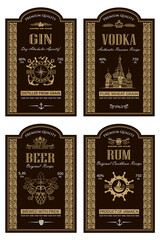 collection of vodka, gin, beer and rum labels isolated on white background - obrazy, fototapety, plakaty