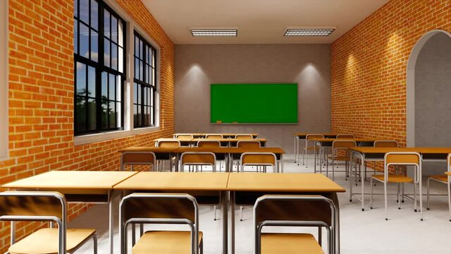 New normal classroom and spacing of tables and chairs to prevent the spread of coronavirus (COVID-19). IEmpty classroom for teach and learn. 3d rendering Interior.