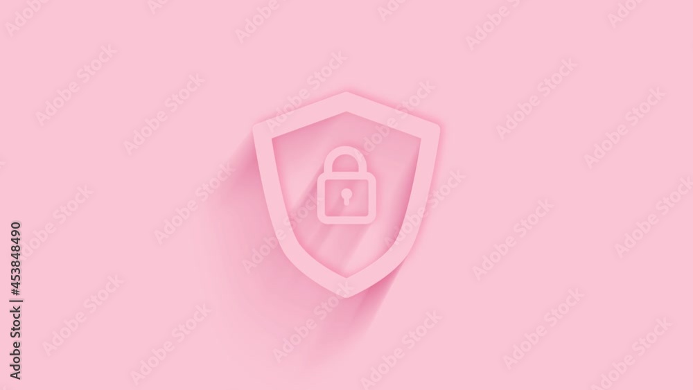Leinwandbilder Animated shield security with lock icon with shadow on pink background. Neumorphism minimal style. Transparent background. 4K video motion graphic animation.