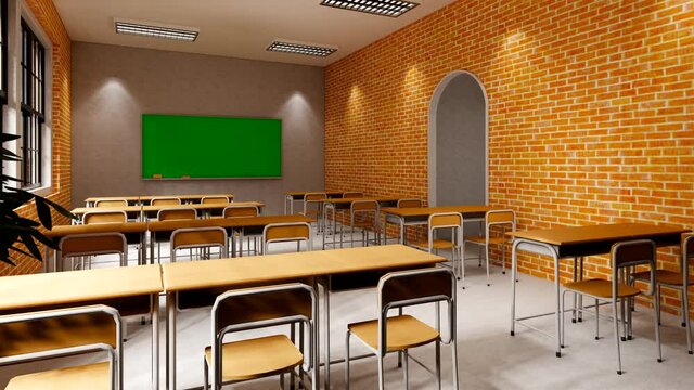 New normal classroom and spacing of tables and chairs to prevent the spread of coronavirus (COVID-19). IEmpty classroom for teach and learn. 3d rendering Interior.
