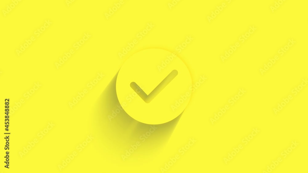 Poster animated check mark icon with shadow on yellow background. neumorphism minimal style. transparent ba