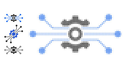 Halftone solution cog. Dotted solution cog generated with small circle dots. Vector illustration of solution cog icon on a white background. Halftone array contains circle points. © Tensor Designs