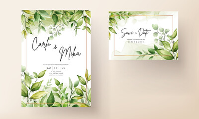Elegant wedding invitation card with beautiful watercolor leaves
