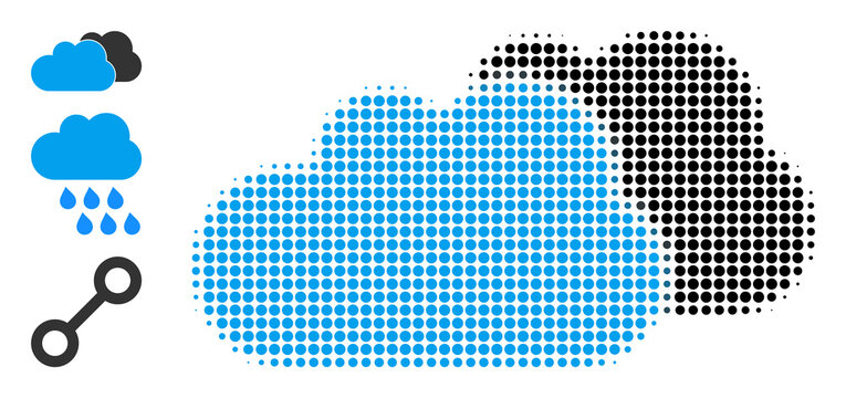 Halftone clouds. Dotted clouds designed with small round elements. Vector illustration of clouds icon on a white background. Halftone array contains circle elements.