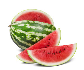 Ripe sweet juicy watermelon and watermelon slices isolated on white background. Fresh fruits.