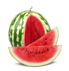 Ripe sweet juicy watermelon and watermelon slices isolated on white background. Fresh fruits.