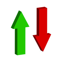 Up and Down sign with 3d green and red arrows vector. 3d design vector illustration concept of sales bar chart symbol icon with arrow moving down and sales bar chart with arrow moving up.	