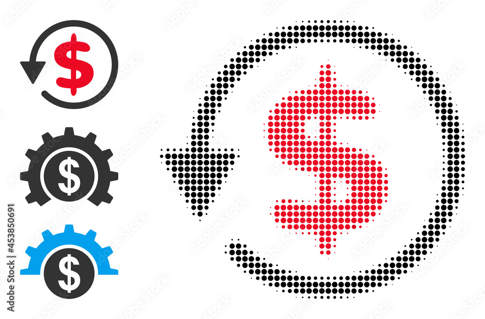 Poster halftone dollar refund. dotted dollar refund designed with small round pixels. vector illustration o