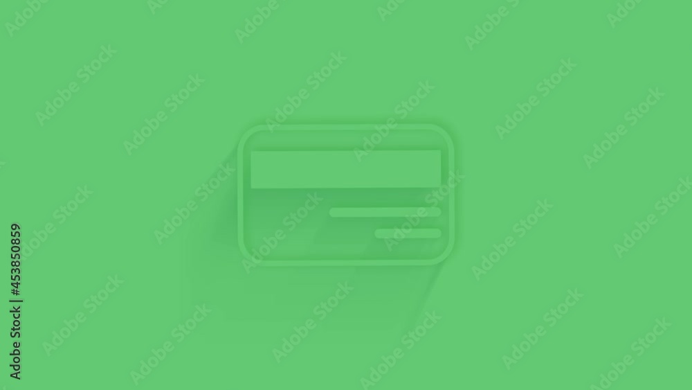Poster Animated credit card icon with shadow on green background. Neumorphism minimal style. Transparent background. 4K video motion graphic animation.