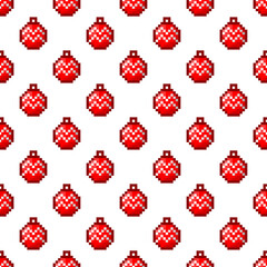 Beautiful small red pixel Christmas balls isolated on white background. Cute seamless pattern. Vector simple flat graphic illustration. Texture.