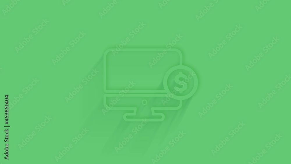 Poster Animated computer monitor with dollar icon with shadow on green background. Neumorphism minimal style. Transparent background. 4K video motion graphic animation.
