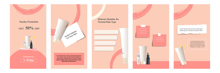 BOTANICALMinimal modern fashion and beauty social media story or stories banner collection kit in pink color. Including sale, product display, tips template layout design with brush line elements