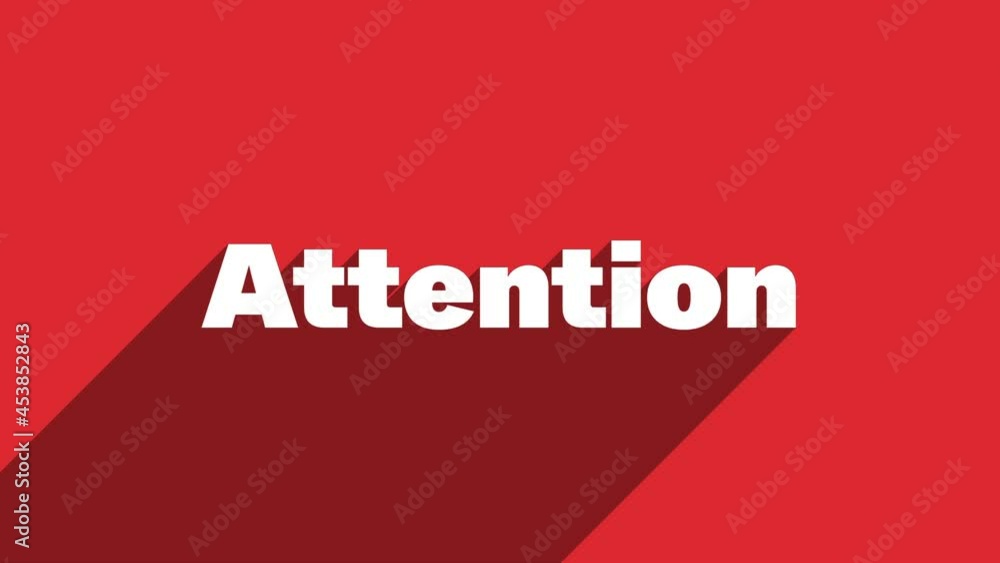 Poster attention white letters with shadow moving banner animation on red background. warning icon. 4k vide
