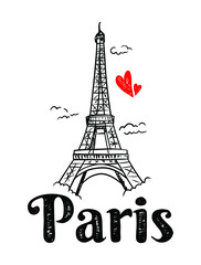 Vector hand-drawn illustration of Eiffel Tower famous building silhouette on white background.