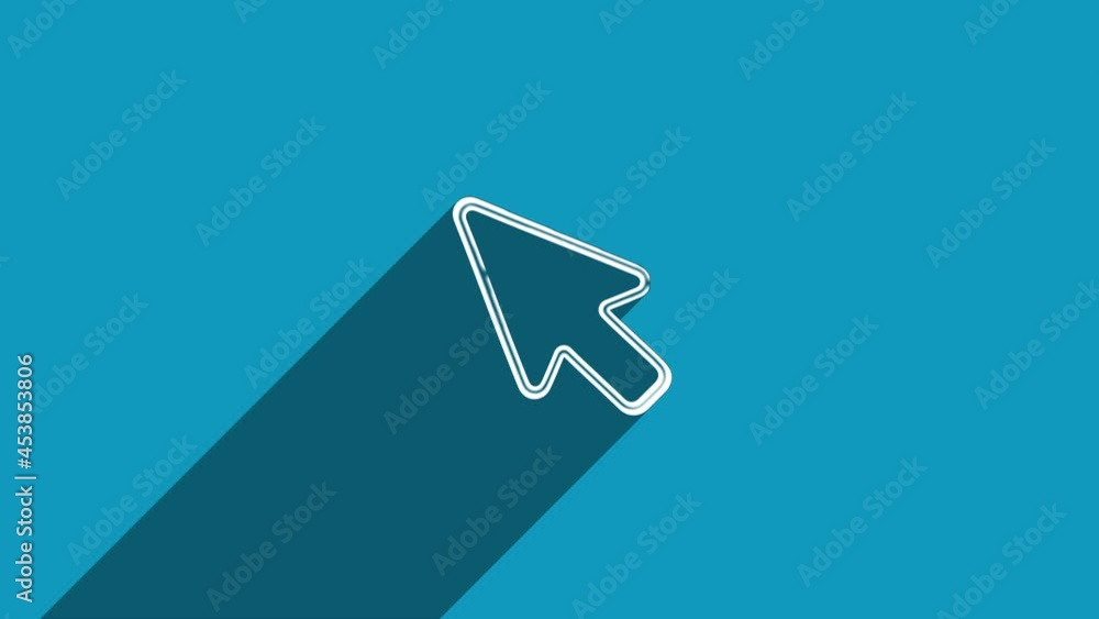 Poster White line symbol of arrow cursor icon with shadow isolated on blue background. Shadow reflection design. 4K video motion graphic animation.