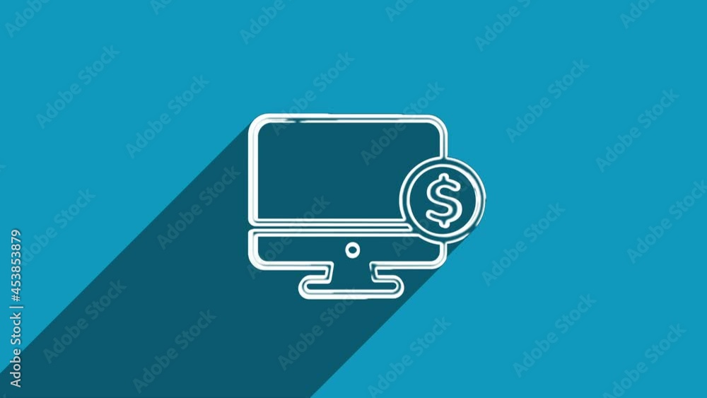 Poster White line computer monitor with dollar icon with shadow isolated on blue background. Shadow reflection design. 4K video motion graphic animation.