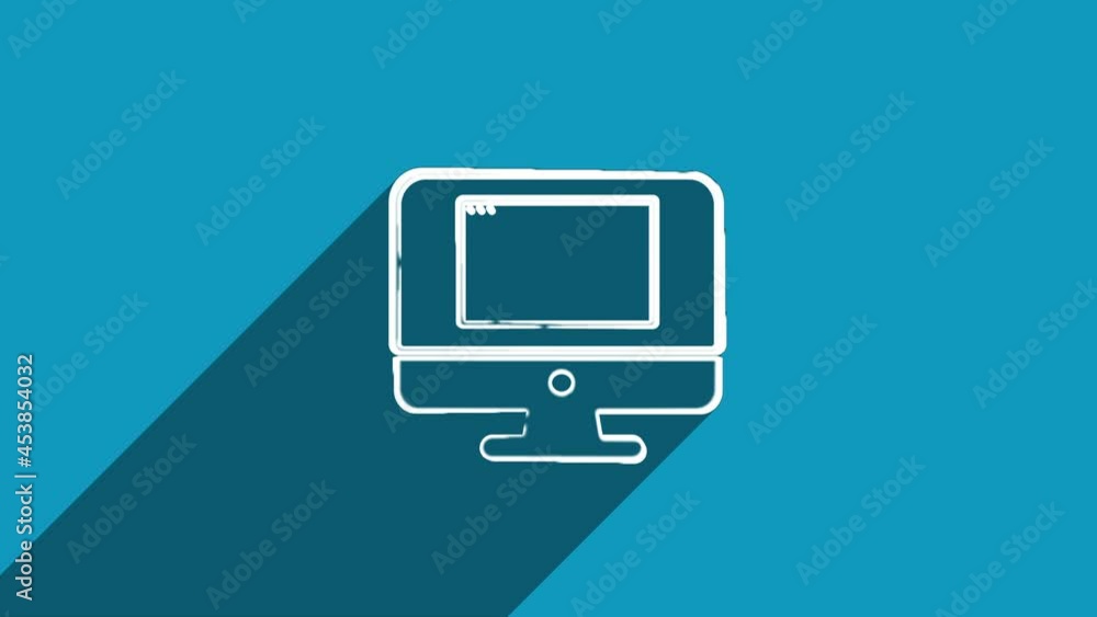 Poster White line computer screen with browser window icon with shadow isolated on blue background. Shadow reflection design. 4K video motion graphic animation.