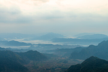 Beautiful scenic of the mountain range in Thai-Laos border on the top of Phu Chi Fa Forest Park