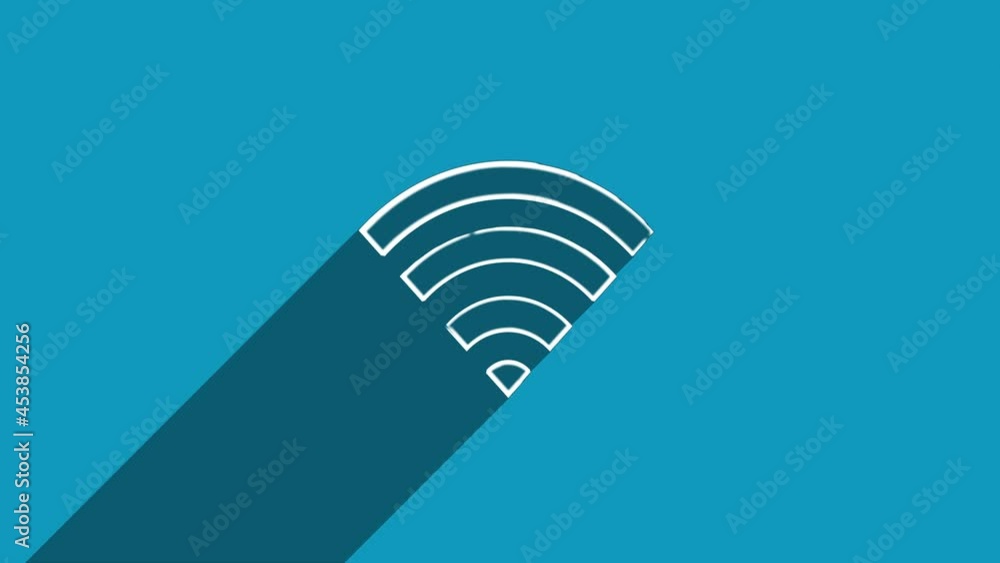 Poster White line wi-fi wireless internet network symbol icon with shadow isolated on blue background. Shadow reflection design. 4K video motion graphic animation.